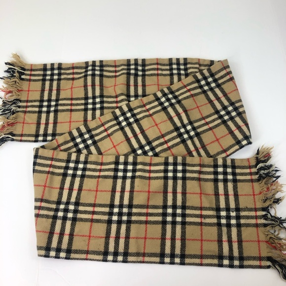 Vintage Burberry’s London Nova Check Plaid Tan Wool Fringe Scarf - Picture 8 of 16